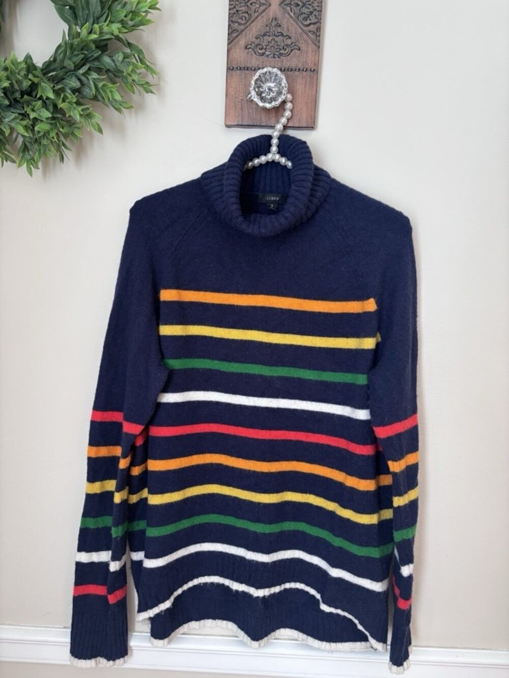 J.Crew Womens Size S Blue Multicolor Stripe Turtleneck Sweater Alpaca Wool Blend